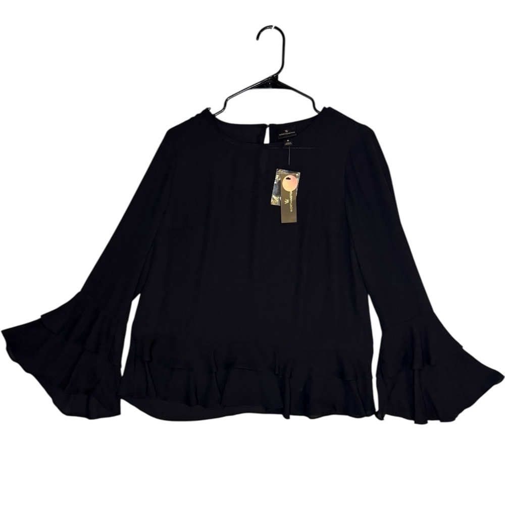 Worthington Black Ruffle Tiered Sleeve Blouse - Picture 2 of 4